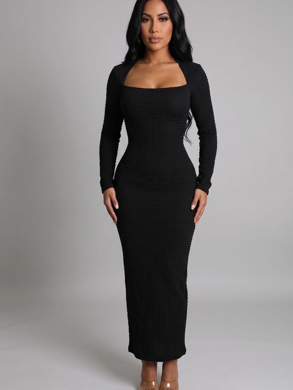 Black Waffle Knit Square Neck Bodycon Maxi Dress Long Sleeve